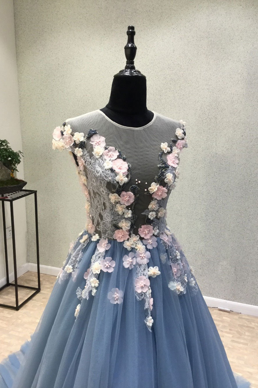 Blue round neck tulle lace applique long prom dress, lace evening dress
