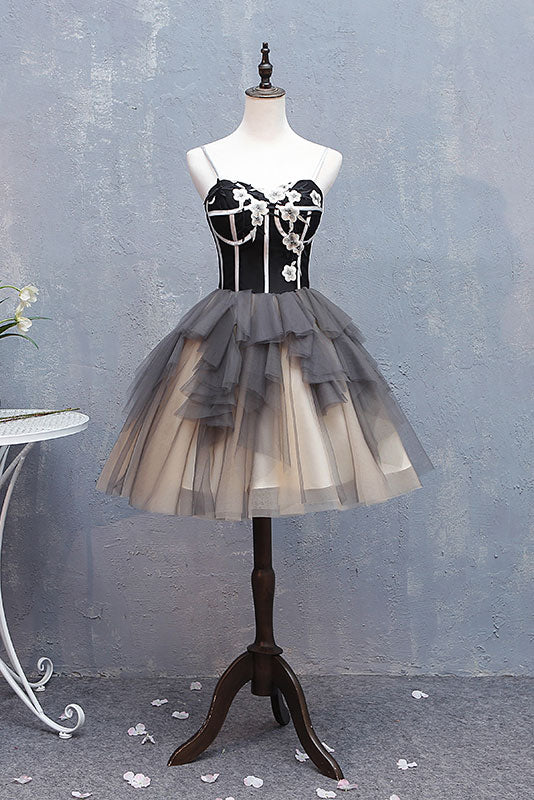 Cute sweetheart neck tulle short prom dress, black homecoming dress