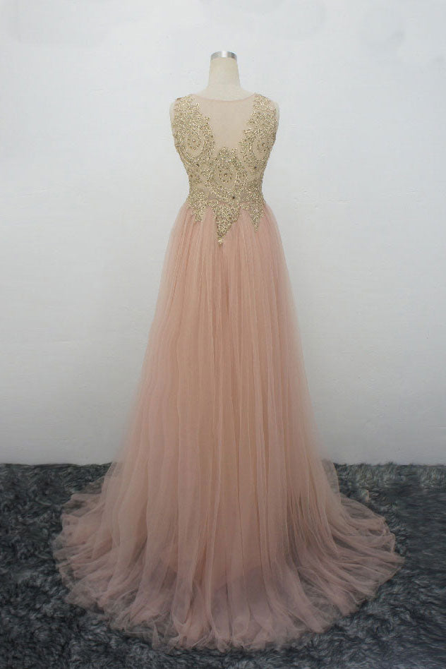 Champagne pink tulle gold lace applique long prom dress, evening dress