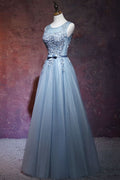 Gray blue tulle lace long prom dress, blue tulle evening dress