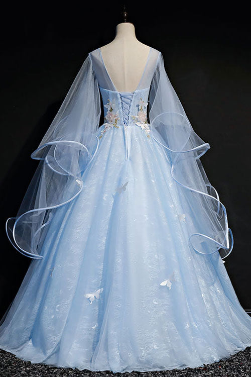 Blue tulle lace long prom dress, blue tulle lace evening dress