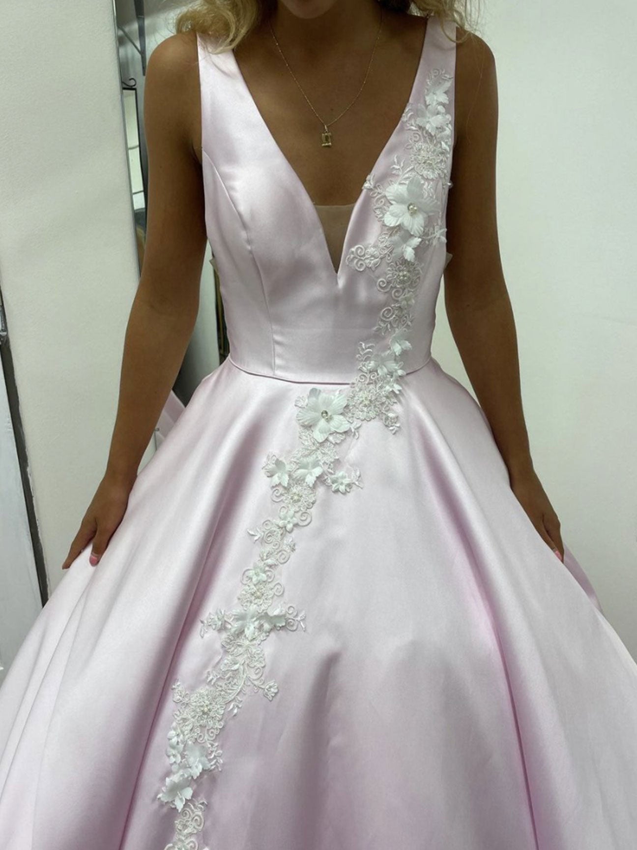 Pink v neck satin lace long prom dress, pink lace evening dress