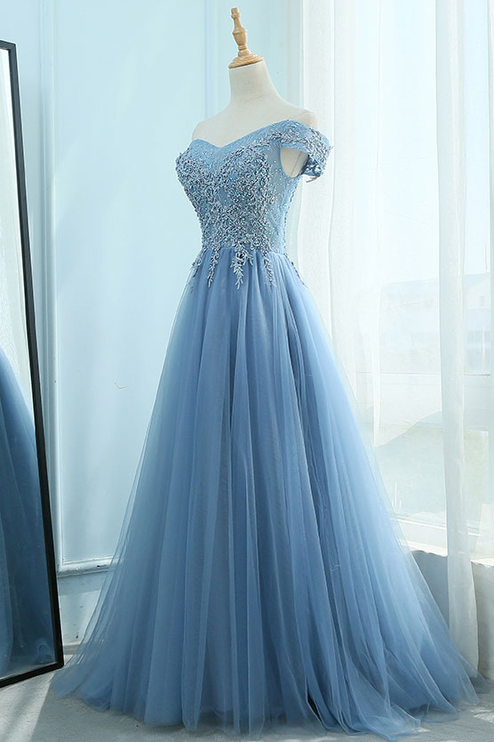 Blue off shoulder tulle lace long prom dress, blue evening dress