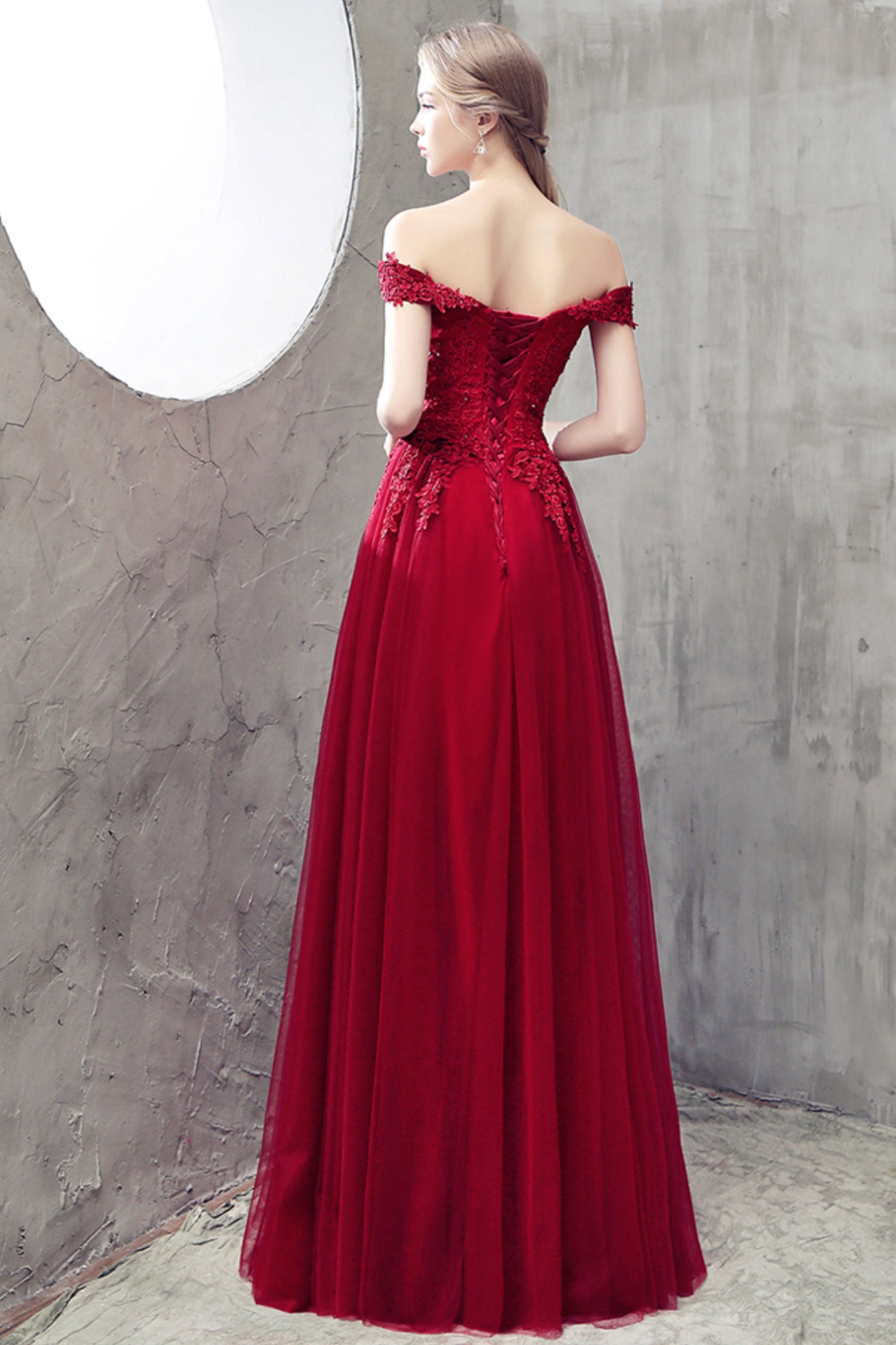 Burgundy tulle lace off shoulder prom dress, burgundy bridesmaid dress dresstby Burgundy tulle lace off shoulder prom dress, burgundy bridesmaid dress dresstby