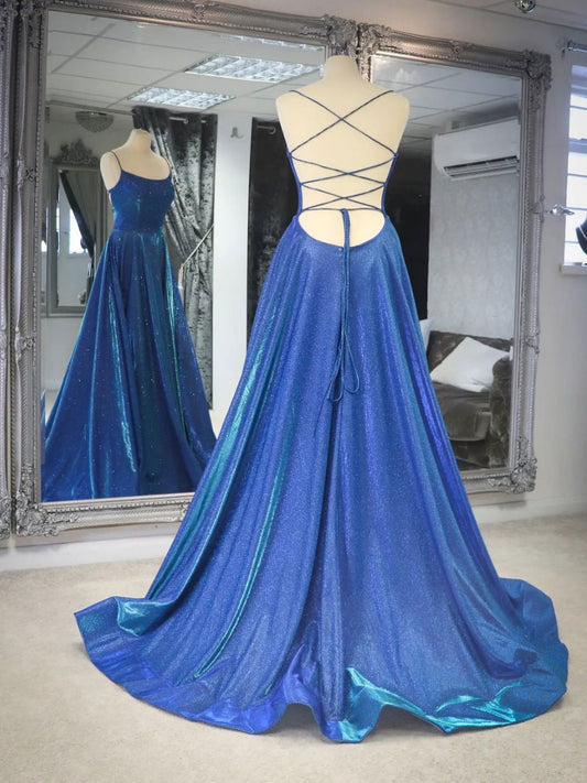 Simple blue satin long prom dress, blue backless long evening dress