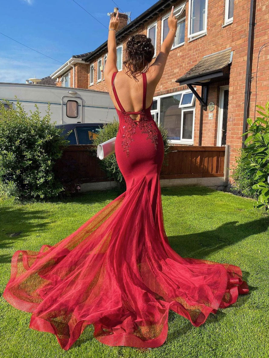 Burgundy v neck lace mermaid long prom dress, burgundy evening dress Burgundy v neck lace mermaid long prom dress, burgundy evening dress