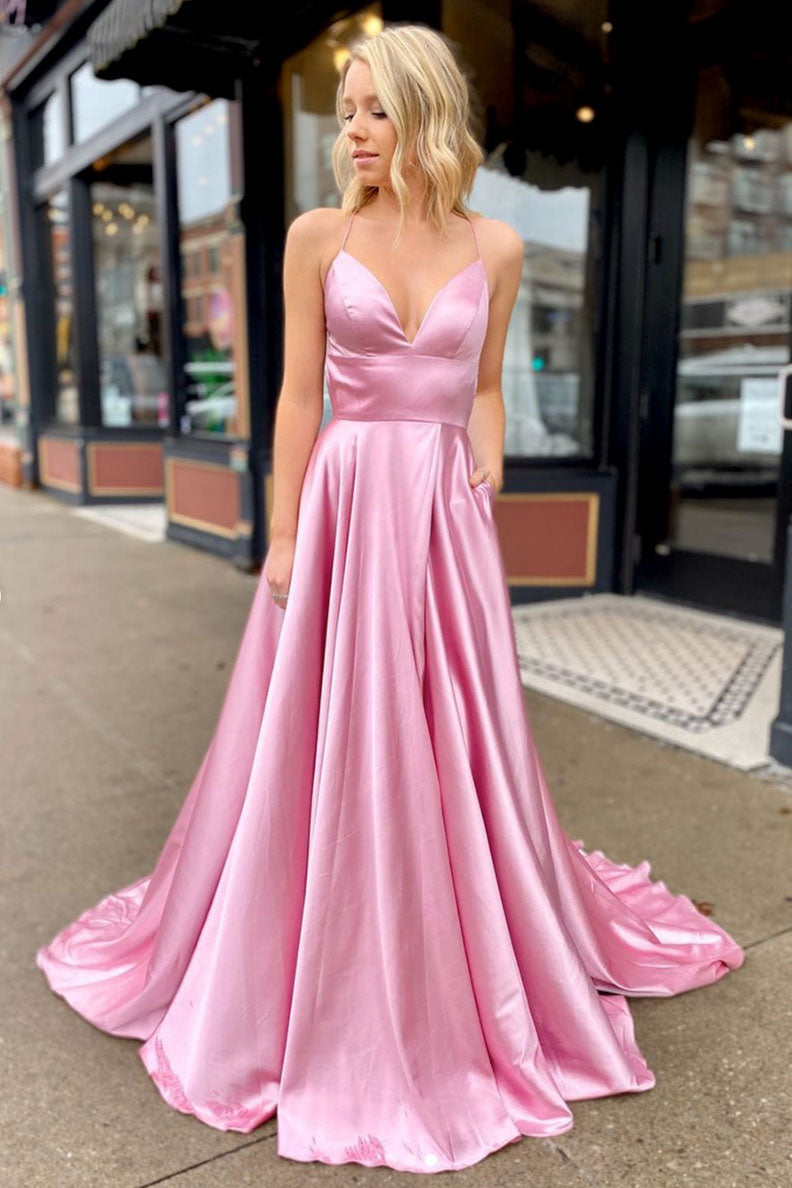 Simple v neck satin long prom dress pink long evening dress