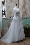 Gray v neck lace applique tulle long prom dress, gray evening dress
