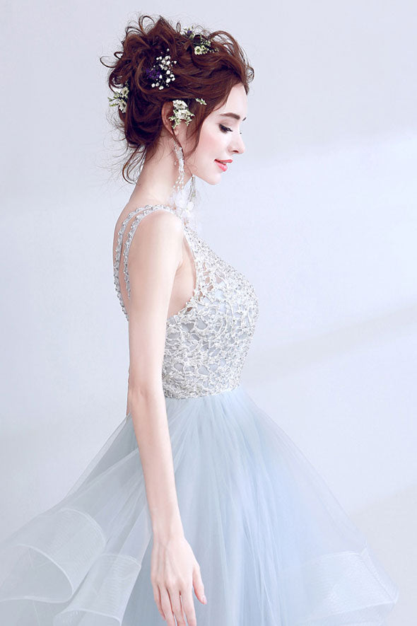 Unique gray round neck tulle long prom dress, gray evening dress