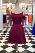 Burgundy satin short prom dress, burgundy short homecoming dress