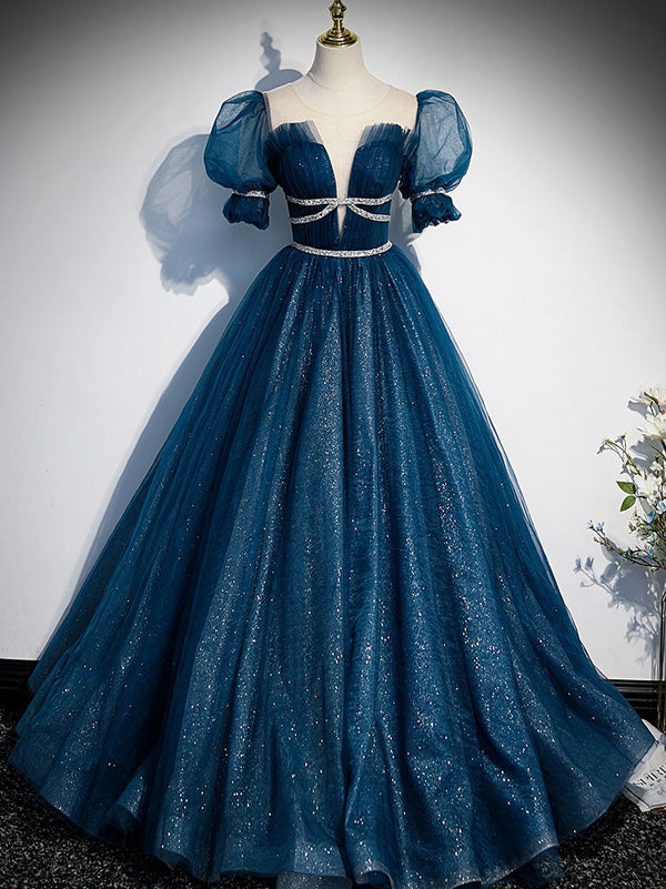 Blue tulle sequin long prom dress, blue tulle formal dress