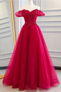 Red tulle long prom dress, ted tulle lace evening dress