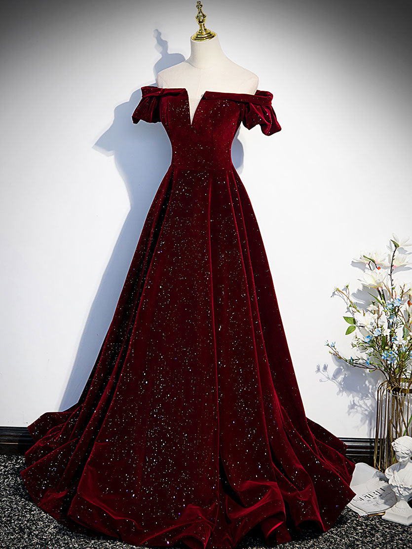 Burgundy velvet beads long prom dress, burgundy evening dress