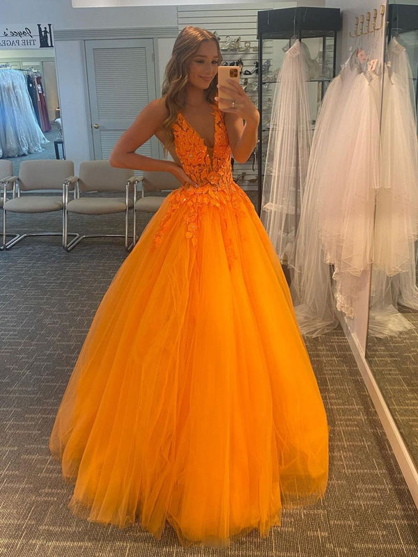 Orange v neck tulle lace long prom dress, orange evening dress