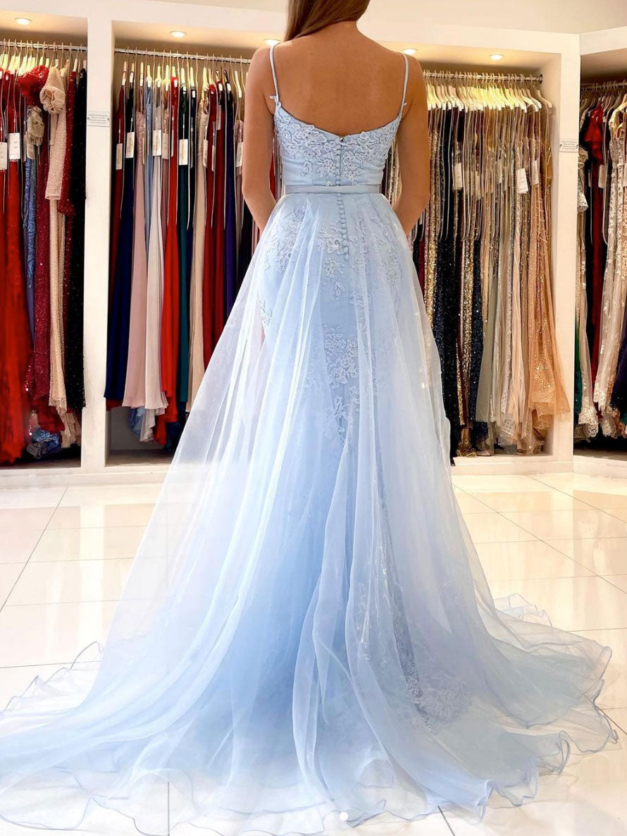 Blue mermaid lace tulle long prom dress, blue evening dress