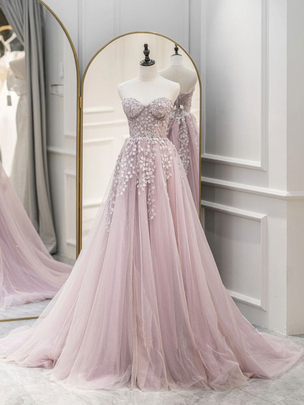 A-Line Sweetheart Neck Tulle Lace Pink Long Prom Dress, Pink Formal Dresses