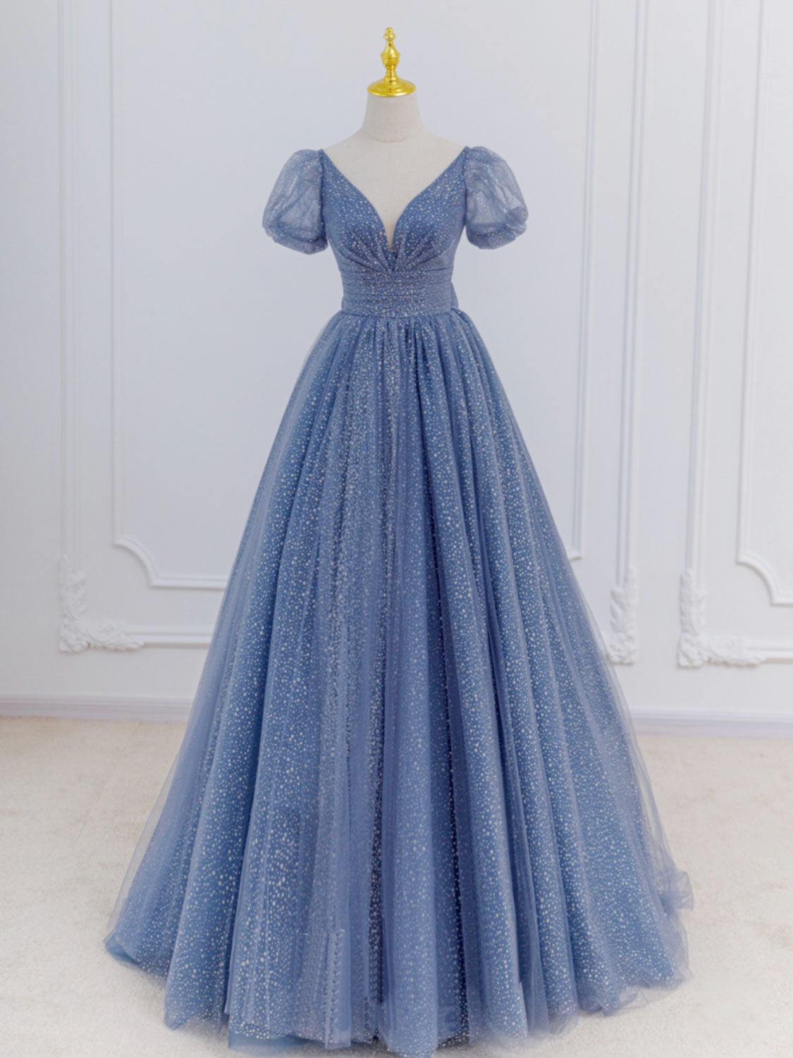 Gray Blue A-Line Tulle Long Prom Dresses, Blue Tulle Formal Dresses