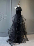 Black A-Line Tulle Long Prom Dresses, Black Formal Evening Dresses