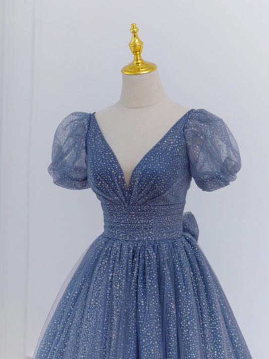 Gray Blue A-Line Tulle Long Prom Dresses, Blue Tulle Formal Dresses