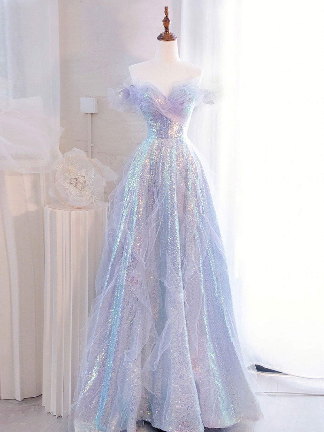 Purple Off Shoulder Sequin Tulle Long Prom Dress, Purple Formal Evenin 