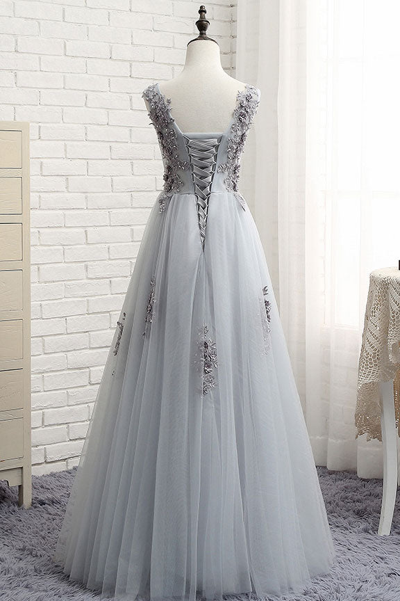 Gray round neck lace tulle long prom dress, gray lace evening dress