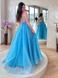 Blue sweetheart neck tulle sequin long prom dress, blue evening dress