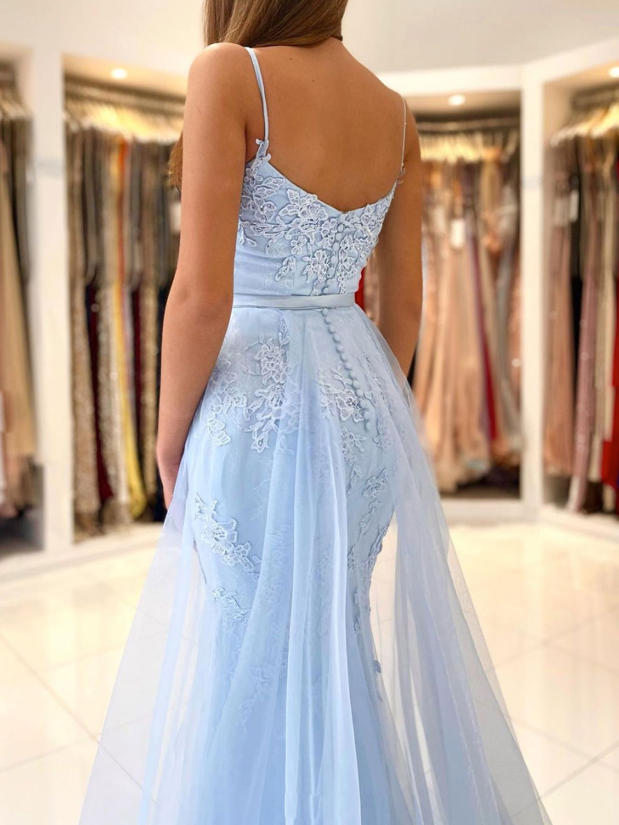 Blue mermaid lace tulle long prom dress, blue evening dress