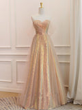 A-Line Sweetheart Neck Gold Sequin Long Prom Dress