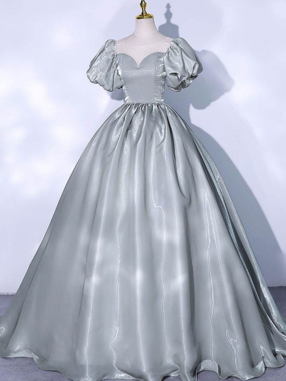 Gray round neck satin long prom dress, gray sweet 16 dress