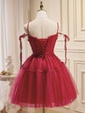 A-Line Burgundy Lace Short Prom Dress, Burgundy Homecoming Dresses