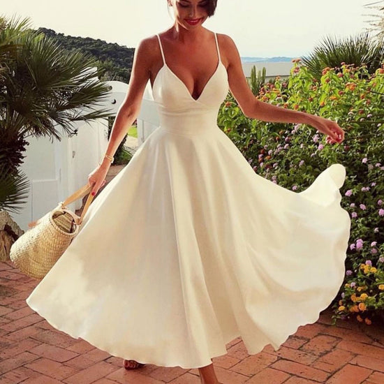 white tea length dress Aline V Neck White Prom Dresses, Satin Tea Length White Formal Wedding