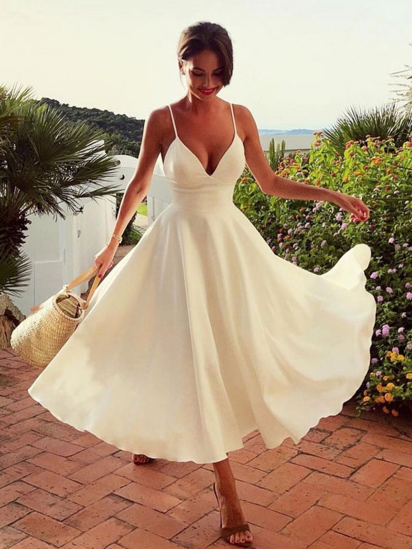 Aline V Neck White Prom Dresses, Satin Tea Length White Formal Wedding Party Dress