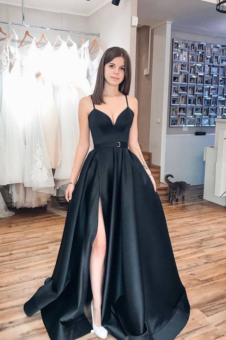 Black sweetheart satin long prom dress black evening dress