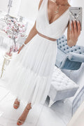 Simple white v neck chiffon prom dress white tulle formal dress