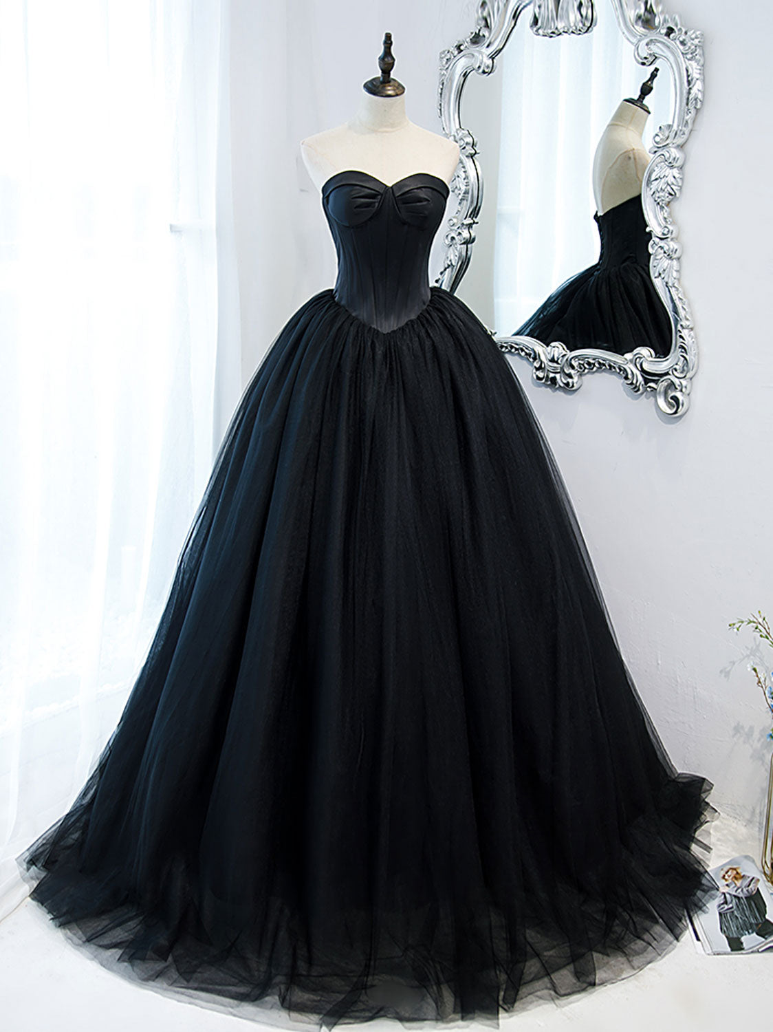 Black Sweetheart Neck Tulle Long Prom Dress, Black Formal Evening Dres