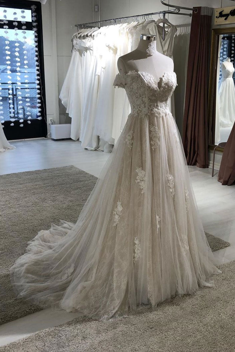 Light champagne tulle lace long prom dress champagne evening dress