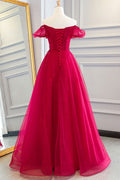 Red tulle long prom dress, ted tulle lace evening dress