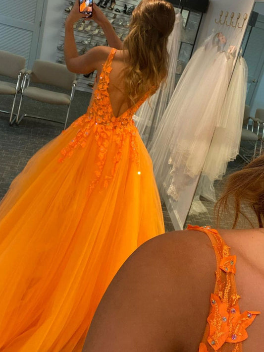 Orange v neck tulle lace long prom dress, orange evening dress