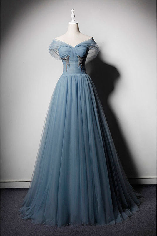 Blue tulle off shoulder long prom dress, blue tulle evening dress