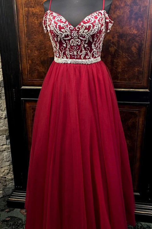 Burgundy sweetheart tulle beads long prom dress, evening dress