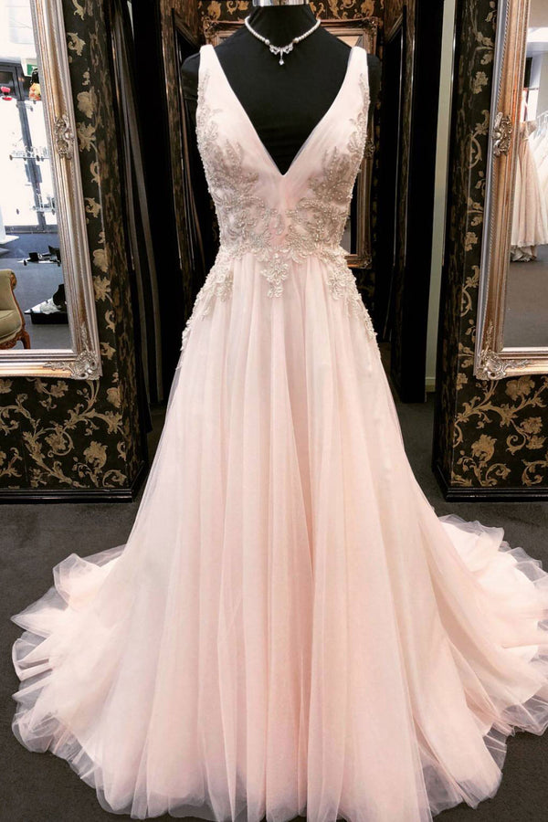 Unique v neck tulle lace applique long prom dress, pink evening dress