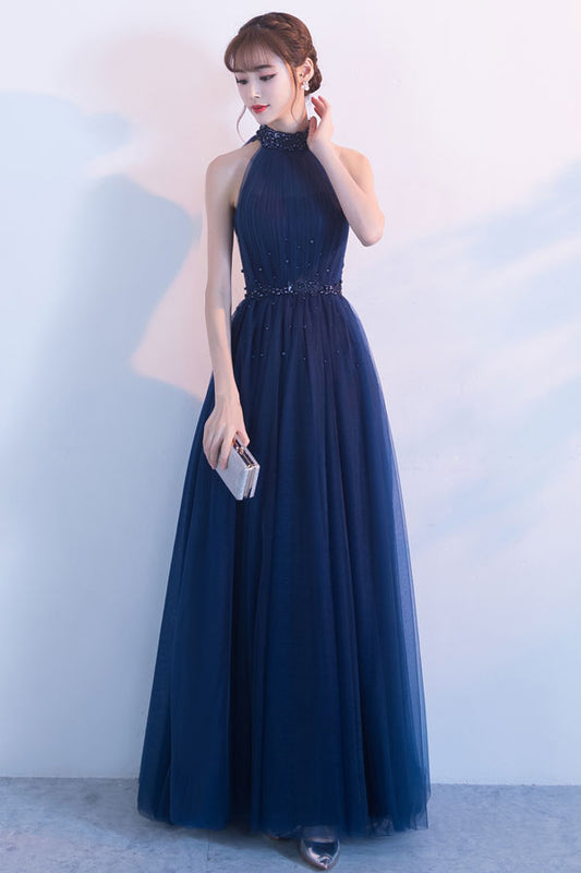 Dark blue tulle high neck long prom dress, dark blue bridesmaid dress