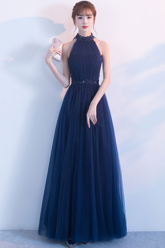 Dark blue tulle high neck long prom dress, dark blue bridesmaid dress