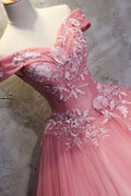 Pink sweetheart off shoulder lace tulle long prom gown sweet 16 dress