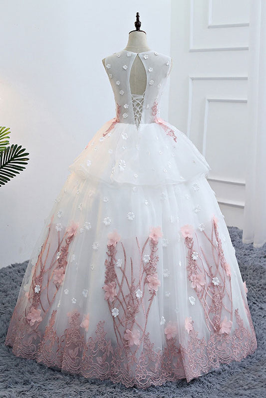Cute white round neck lace applique long prom gown, evening dress