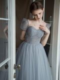 Gray tulle beads long prom dress, tulle long sweet 16 dress