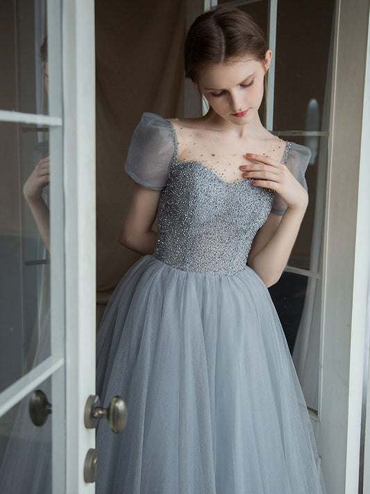 Gray tulle beads long prom dress, tulle long sweet 16 dress