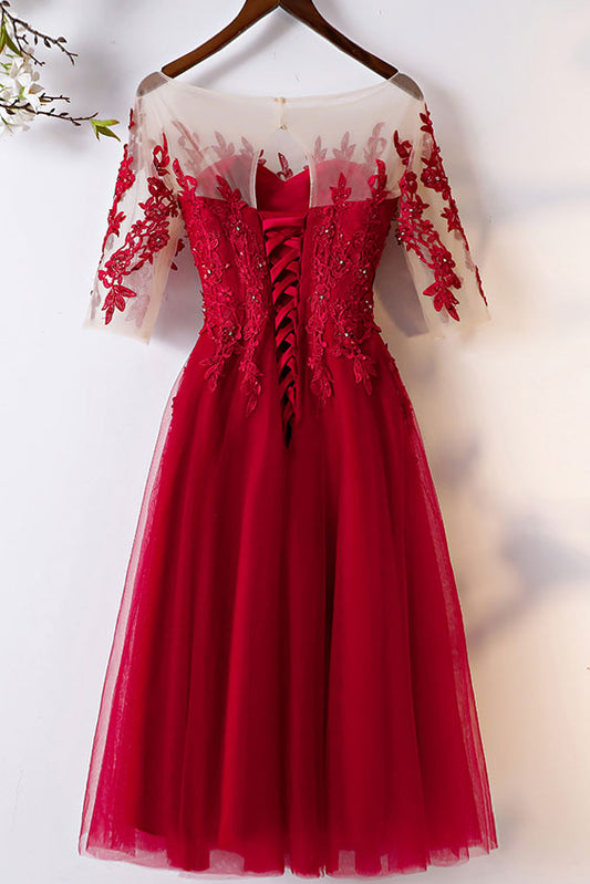 Burgundy tulle lace short prom dress, burgundy evening dress