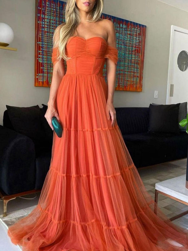 Simple Aline sweetheart neck tulle long prom dress orange formal dress