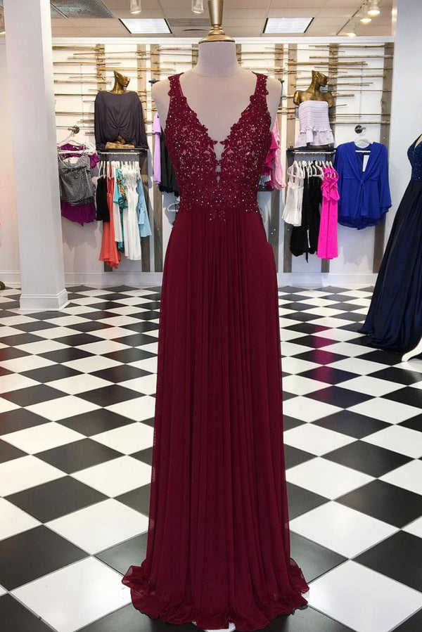 Burgundy v neck chiffon lace long prom dress, burgundy evening dress